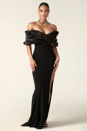 Presley Crepe Ruffle Shoulder Gown Dress | Dress In Beauty