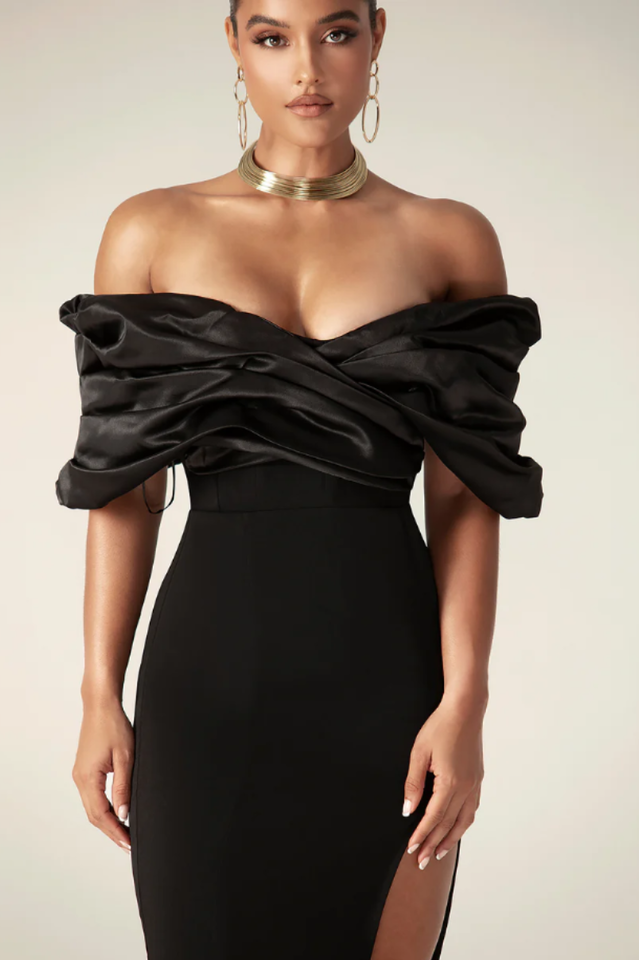 Presley Crepe Ruffle Shoulder Gown Dress | Dress In Beauty