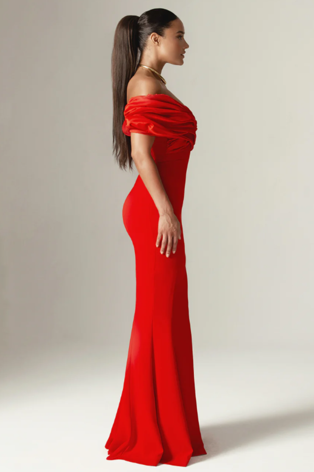 Presley Crepe Ruffle Shoulder Gown Dress | Dress In Beauty