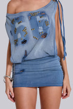 Distressed denim mini dress with studs - View 7 | WEUXS