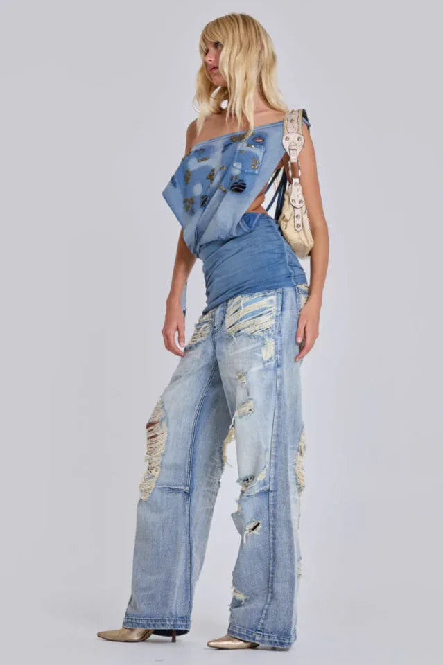 Distressed denim mini dress with studs - View 8 | WEUXS