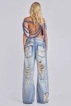 Distressed denim mini dress with studs - View 9 | WEUXS