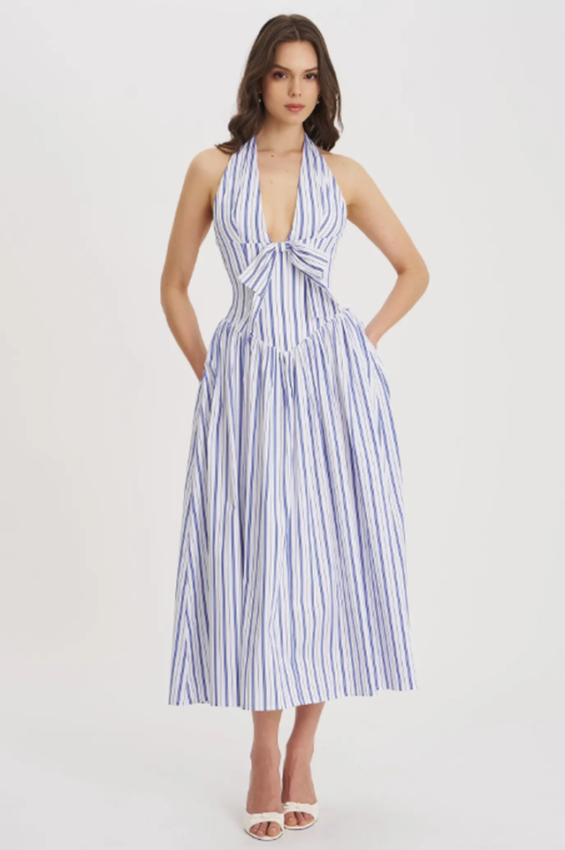Mackenna Stripe Halter Smock Back Dress | Dress In Beauty