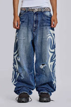 Baggy fit wide leg jeans with distressed finish and graphic print - View 17 | WEUXS
