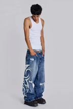 Baggy fit wide leg jeans with distressed finish and graphic print - View 15 | WEUXS