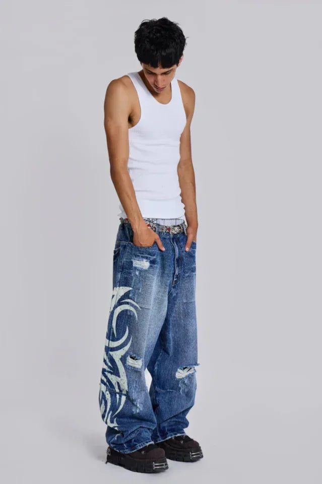 Baggy fit wide leg jeans with distressed finish and graphic print - View 15 | WEUXS