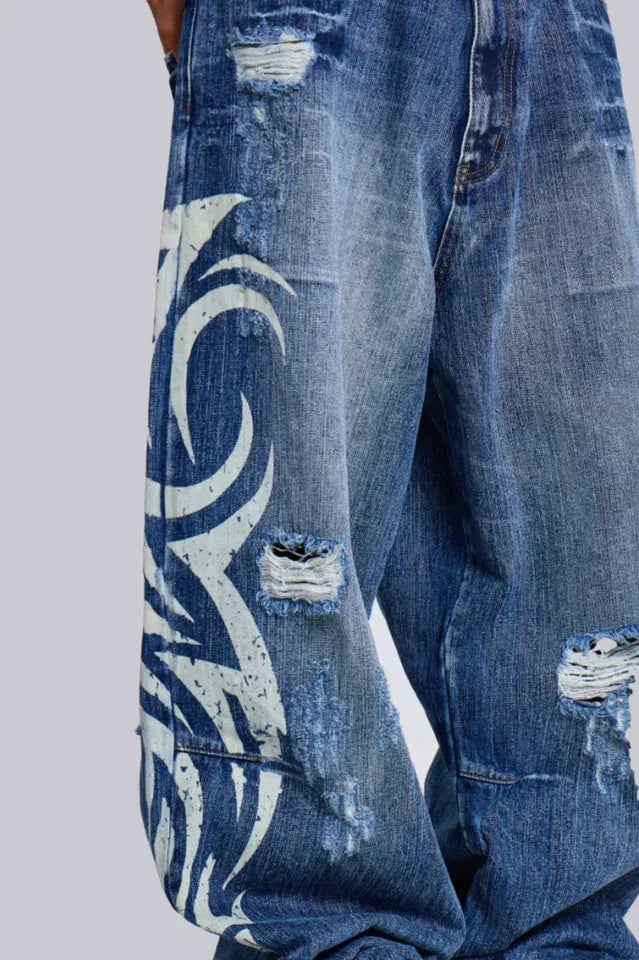 Baggy fit wide leg jeans with distressed finish and graphic print - View 18 | WEUXS