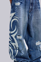 Baggy fit wide leg jeans with distressed finish and graphic print - View 18 | WEUXS