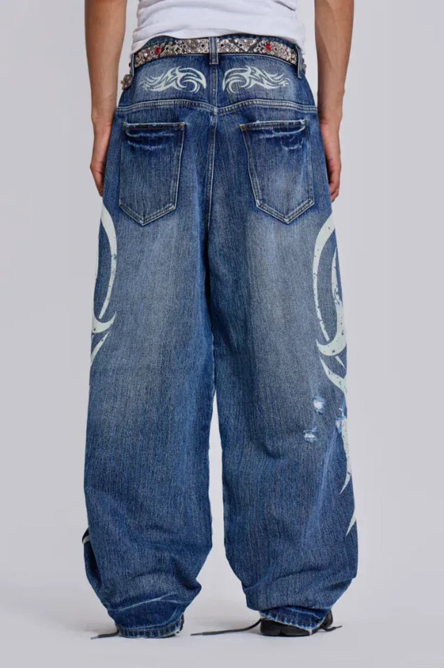 Baggy fit wide leg jeans with distressed finish and graphic print - View 19 | WEUXS