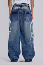 Baggy fit wide leg jeans with distressed finish and graphic print - View 19 | WEUXS
