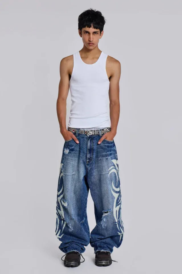 Baggy fit wide leg jeans with distressed finish and graphic print - View 14 | WEUXS
