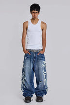 Baggy fit wide leg jeans with distressed finish and graphic print - View 14 | WEUXS