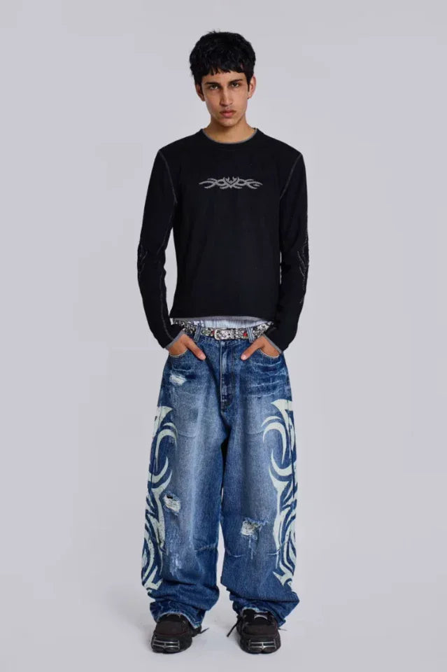 Baggy fit wide leg jeans with distressed finish and graphic print - View 16 | WEUXS