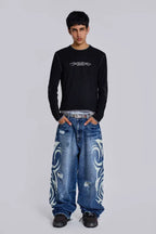 Baggy fit wide leg jeans with distressed finish and graphic print - View 16 | WEUXS