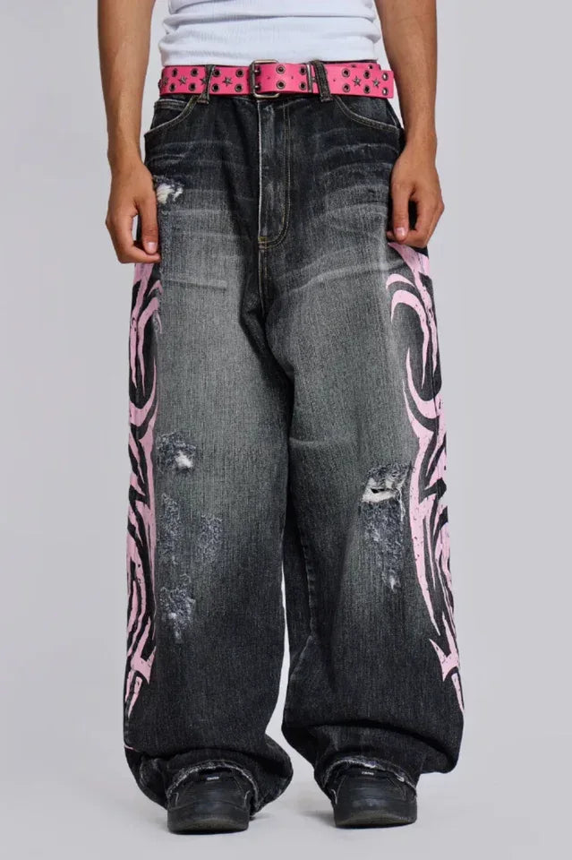 Baggy fit wide leg jeans with distressed finish and graphic print - View 6 | WEUXS