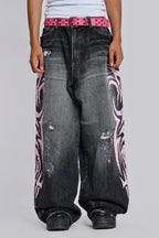Baggy fit wide leg jeans with distressed finish and graphic print - View 6 | WEUXS