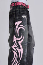 Baggy fit wide leg jeans with distressed finish and graphic print - View 9 | WEUXS