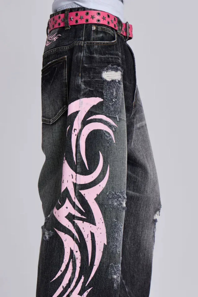 Baggy fit wide leg jeans with distressed finish and graphic print - View 9 | WEUXS