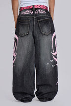 Baggy fit wide leg jeans with distressed finish and graphic print - View 7 | WEUXS