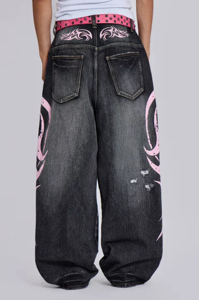 Baggy fit wide leg jeans with distressed finish and graphic print - View 7 | WEUXS