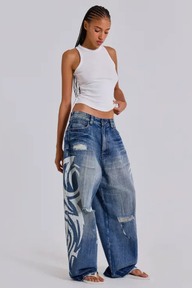 Baggy fit wide leg jeans with distressed finish and graphic print - View 11 | WEUXS