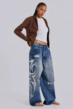 Baggy fit wide leg jeans with distressed finish and graphic print - View 12 | WEUXS
