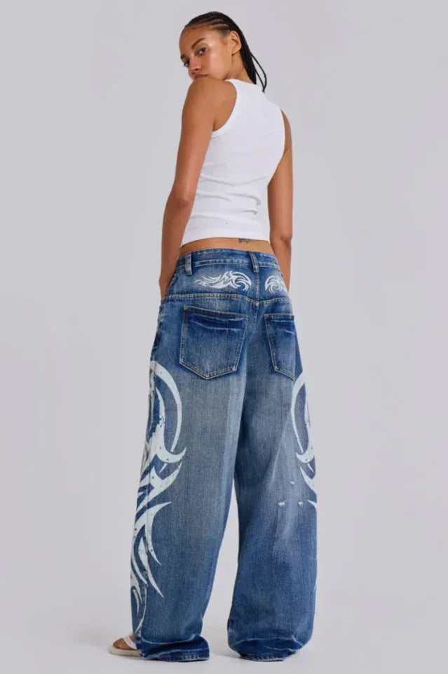 Baggy fit wide leg jeans with distressed finish and graphic print - View 13 | WEUXS