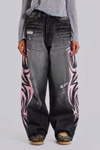 Baggy fit wide leg jeans with distressed finish and graphic print - View 8 | WEUXS