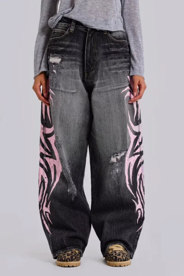 Baggy fit wide leg jeans with distressed finish and graphic print - View 8 | WEUXS