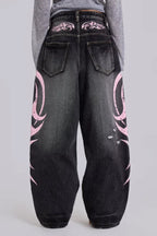 Baggy fit wide leg jeans with distressed finish and graphic print - View 10 | WEUXS