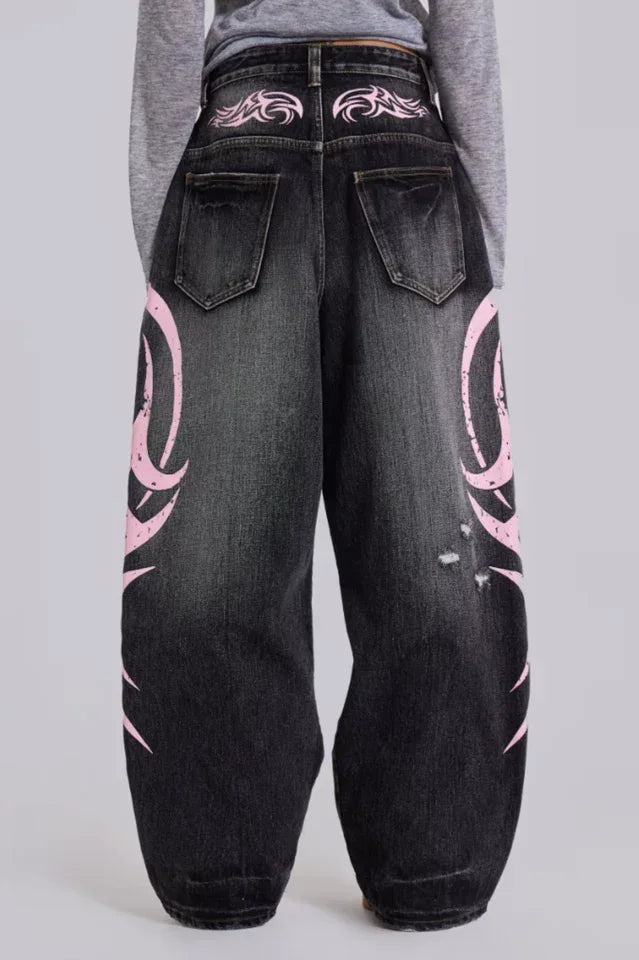 Baggy fit wide leg jeans with distressed finish and graphic print - View 10 | WEUXS