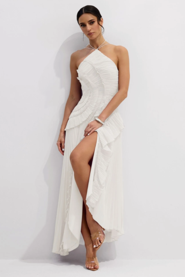 Nina Asymmetry Pleated Halterneck Midi Dress | Dress In Beauty