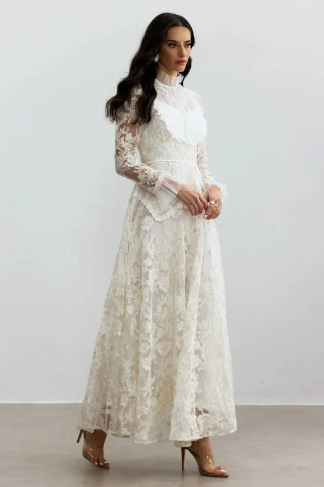 Floral Lace Maxi Dress with High Neck - View 6 | WEUXS