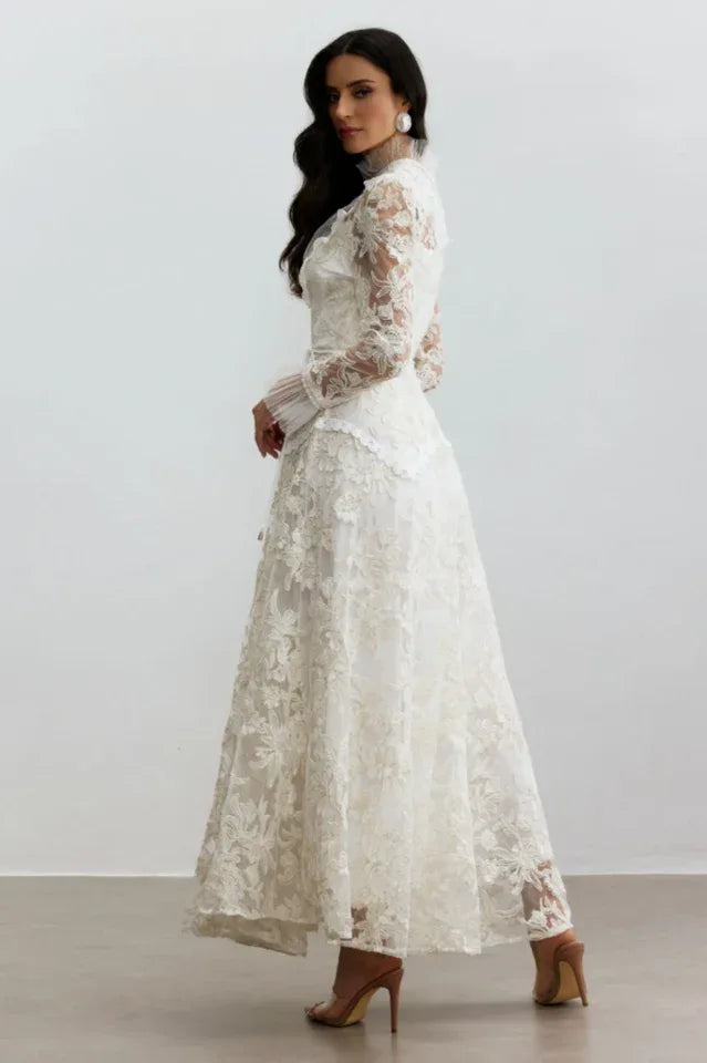 Floral Lace Maxi Dress with High Neck - View 7 | WEUXS