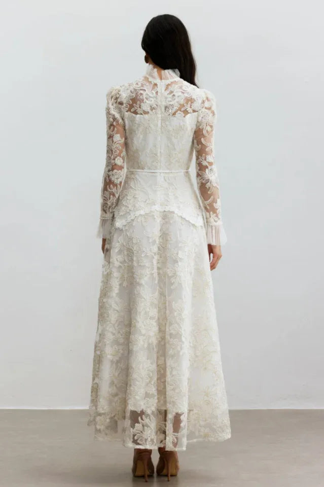 Floral Lace Maxi Dress with High Neck - View 8 | WEUXS