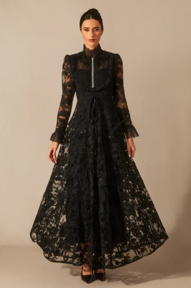 Floral Lace Maxi Dress with High Neck - View 9 | WEUXS