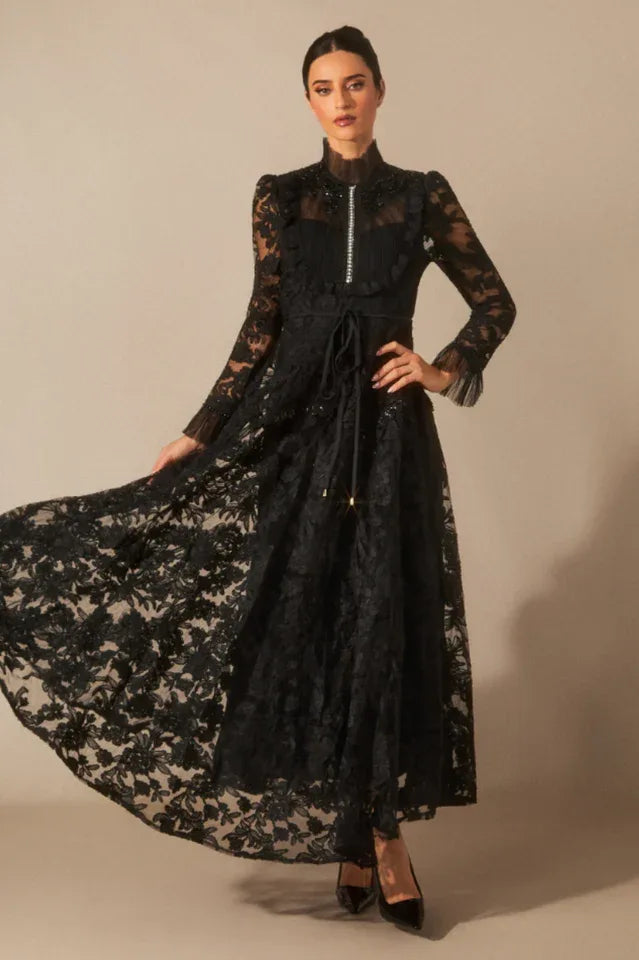 Floral Lace Maxi Dress with High Neck - View 10 | WEUXS