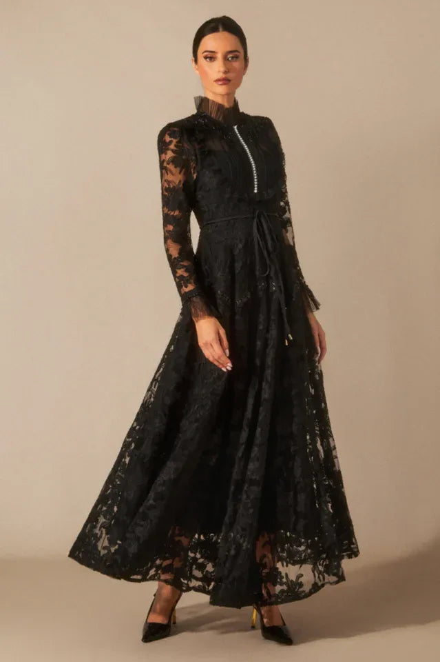 Floral Lace Maxi Dress with High Neck - View 12 | WEUXS