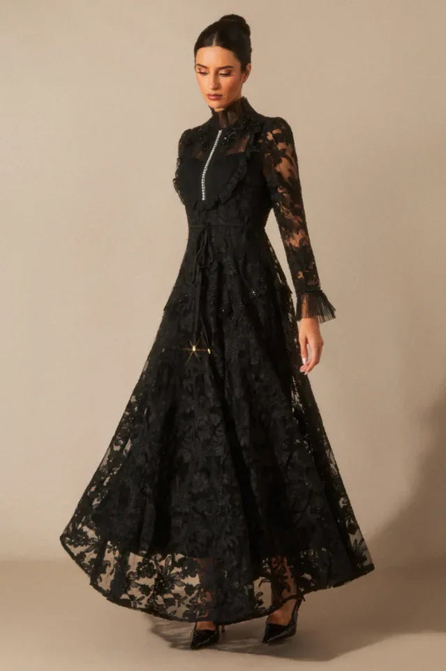 Floral Lace Maxi Dress with High Neck - View 13 | WEUXS