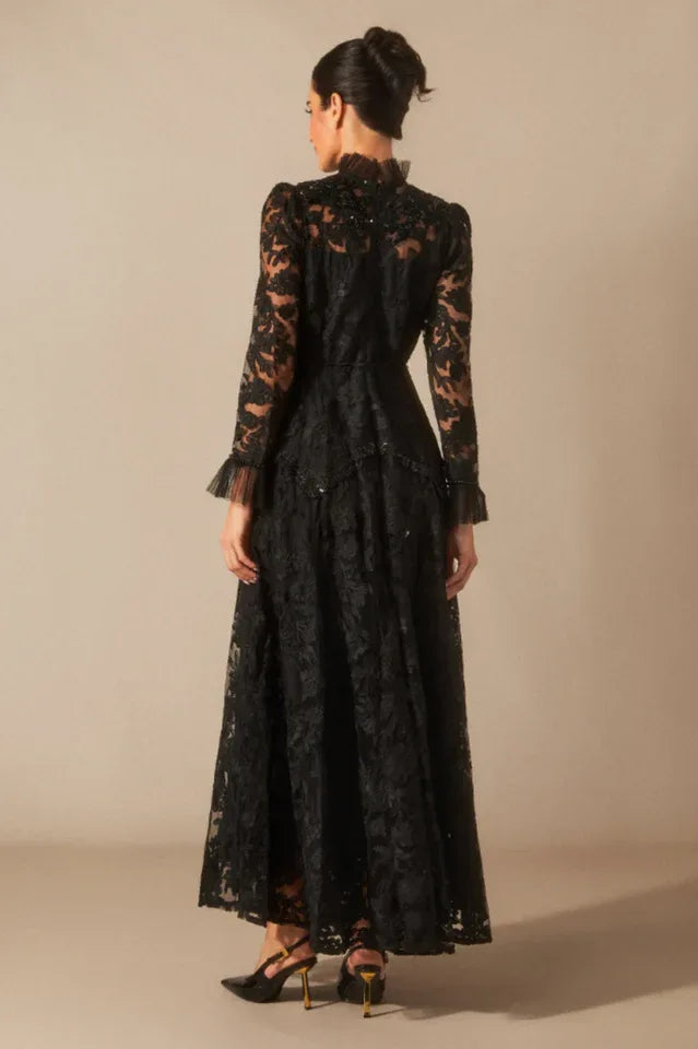 Floral Lace Maxi Dress with High Neck - View 14 | WEUXS
