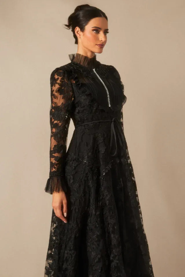 Floral Lace Maxi Dress with High Neck - View 11 | WEUXS