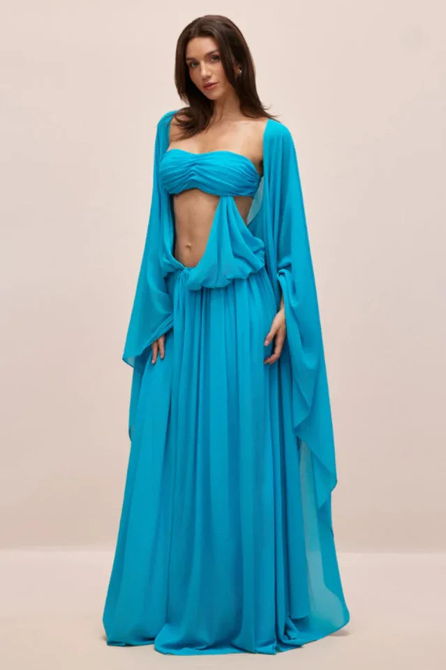 Elegant blue maxi dress with a strapless bodice and draped details