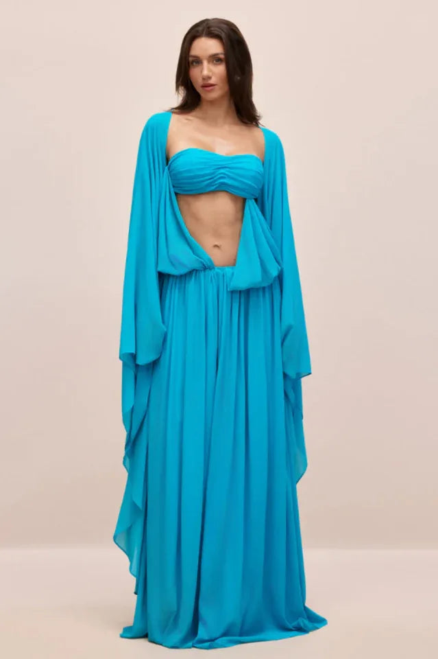 Detail of the cape sleeves on the Eugenia maxi dress