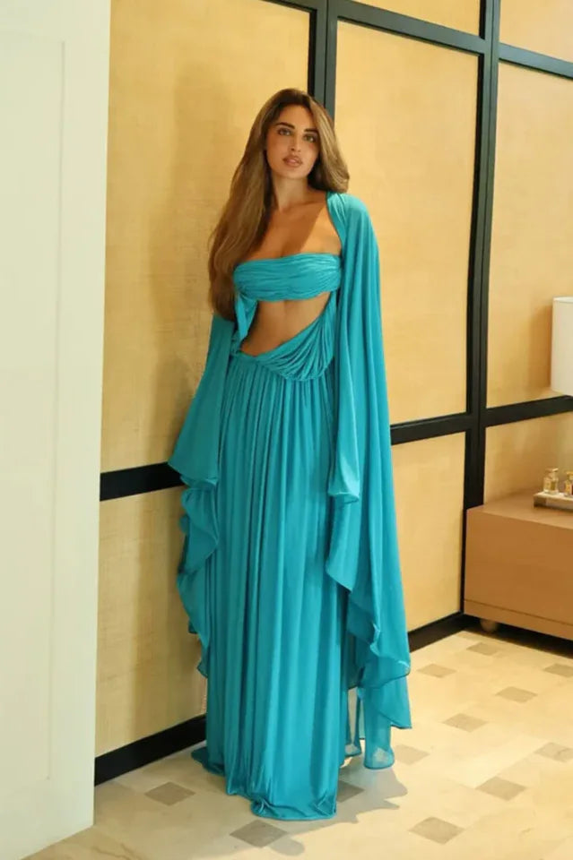 Eugenia Asymmetric Draped Cape Sleeve Maxi Dress - View 8 | WEUXS