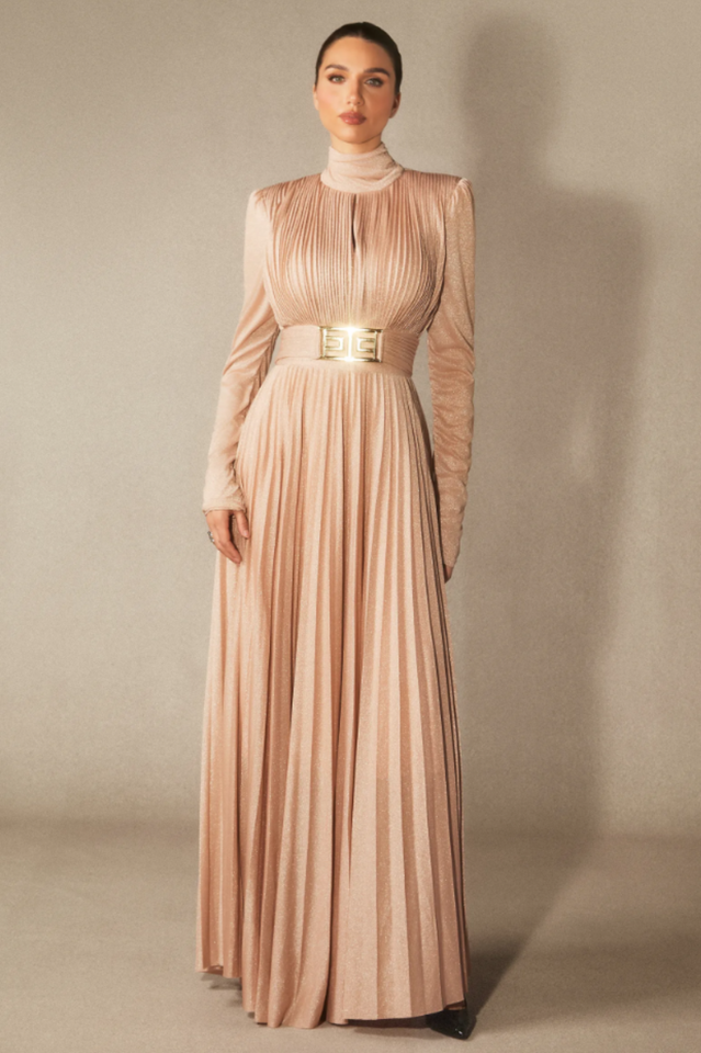 Elsie Metallic Pleated Belted Maxi Dress | Dress In Beauty
