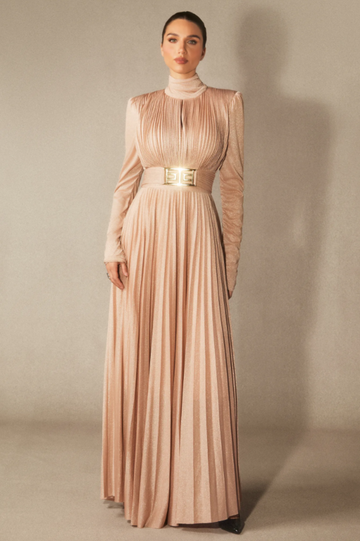 Elsie Metallic Pleated Belted Maxi Dress | Dress In Beauty