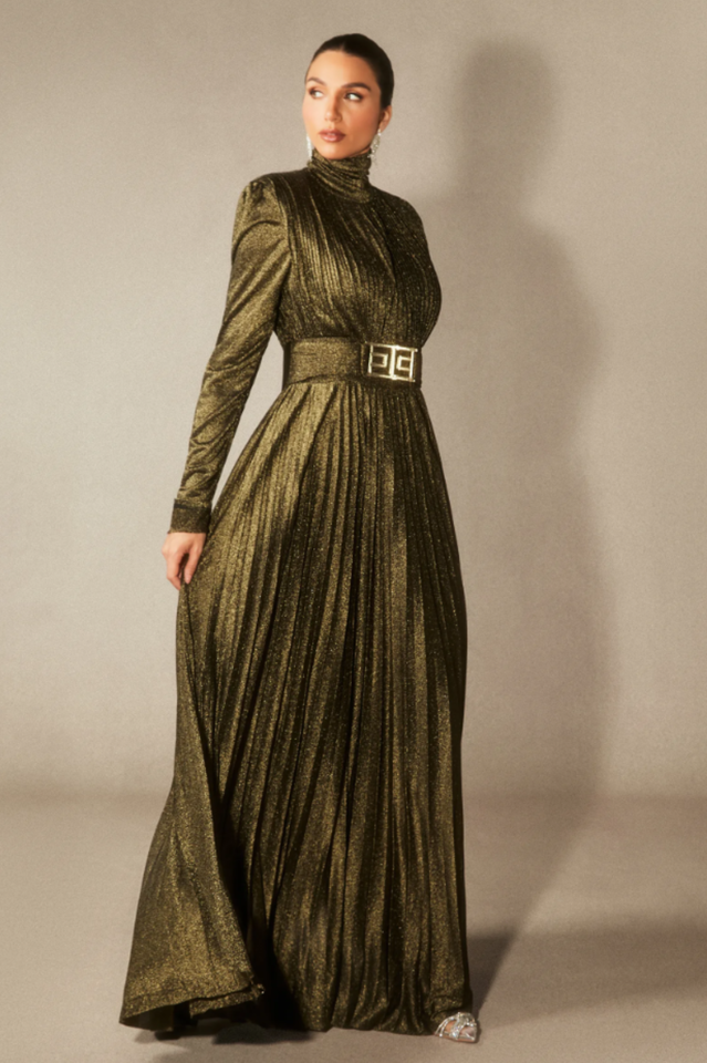 Elsie Metallic Pleated Belted Maxi Dress | Dress In Beauty