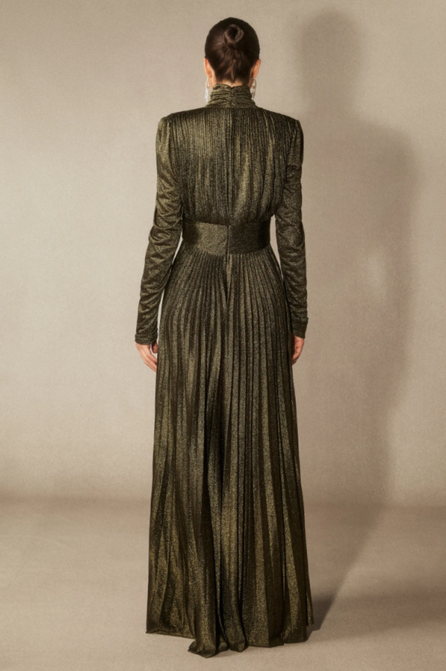 Elsie Metallic Pleated Belted Maxi Dress | Dress In Beauty