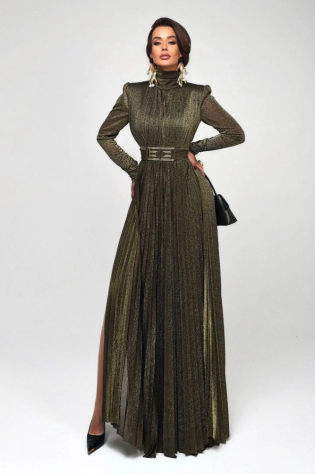 Elsie Metallic Pleated Belted Maxi Dress | Dress In Beauty