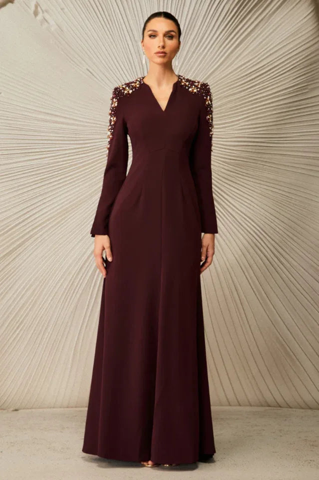 Burgundy V-neck maxi dress with embellished shoulders